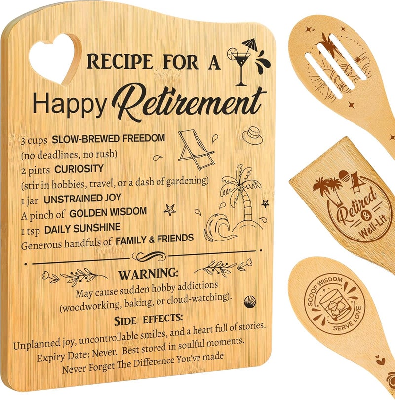 Aremdys Retirement Gifts for Women, Recipe for A Happy Retirement Cutting Board Kitchen Decoration for Retired Coworker, Boss, Nurse, Teacher, Friend, Mom,2025 Retirement Gift Idea - Image 1